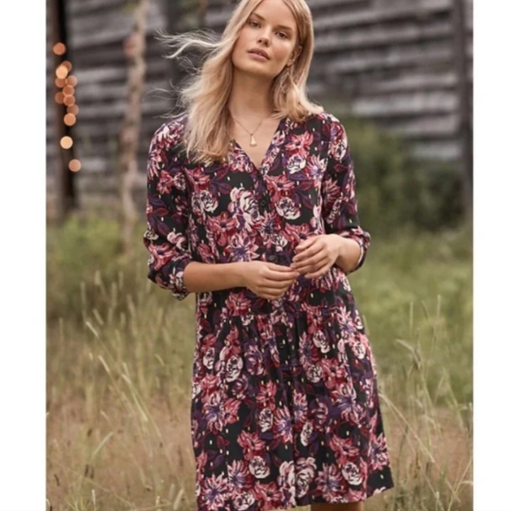 Garnet Hill Floral Drop Waist Shirtdress Boho Cottagecore Dress Flirty Fall